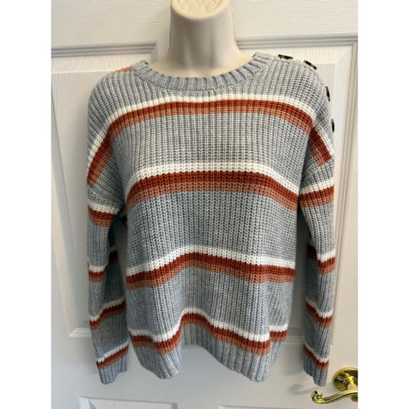 Hippie Rose Sweaters - Hippie Rose grey white burnt orange striped sweater shoulder buttons boho xs